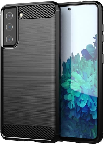 Cadorabo Hoesje geschikt voor Samsung Galaxy S21 FE in Brushed Zwart - Beschermhoes van flexibel TPU siliconen in roestvrij staal-carbonvezel look Case Cover