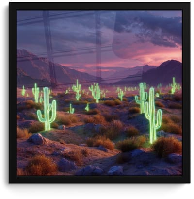 Poster in lijst - Fotolijst 40x40 cm - Posters - Neon cactussen - Woestijn - Zonsondergang - Posterlijst zwart - Decoratie - Wanddecoratie woonkamer - Muurdecoratie slaapkamer