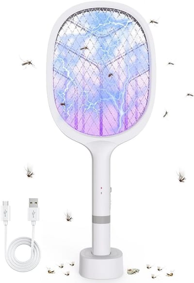 Krachtige Elektrische Vliegenmepper 4800V - 2-in-1 met USB Oplaadbasis en UV LEDs voor Muggen en Vliegen