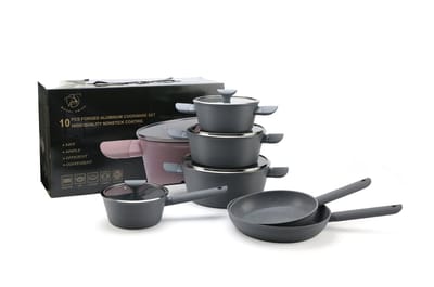 Royal Swiss® 10-delige Forged Aluminium Pannenset – Grijs – Luxe Marmeren Antiaanbaklaag – Geschikt voor Inductie, Gas, Keramisch & Elektrisch – Inclusief Glazen Deksel