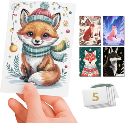 Inspra Studio – Luxe Kerstkaarten met Enveloppen – 5 Stuks – Dieren Wenskaarten Collectie – Mix van 5 Unieke Illustratiestijlen – Vos