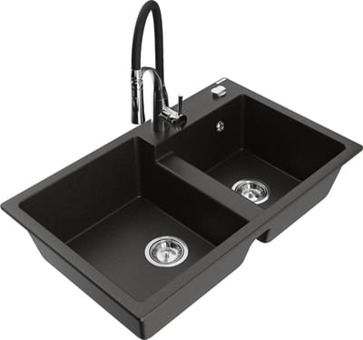 Mexen Tomas granieten gootsteen met 2 koen en keukenkraan Aster, zwart/goud metallic - 6516-75-73450-07