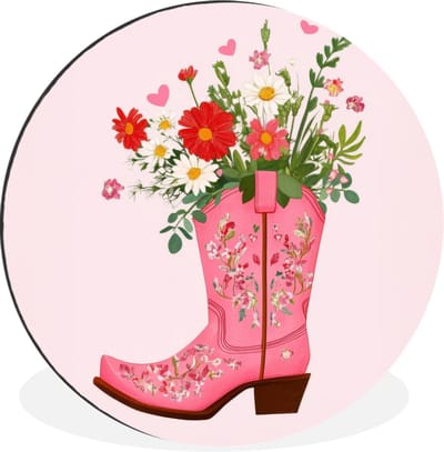 WallCircle - Wandcirkel - Muurcirkel - Cowboylaarzen - Roze - Boeket - Bloemen - Aluminium - Dibond - 30x30 cm - Binnen en Buiten