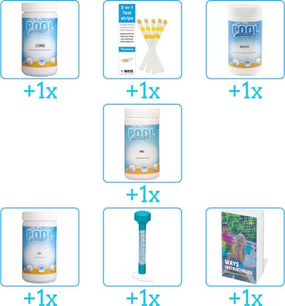 Zwembad Onderhoudspakket - Onderhoud Zwembad - bevat Chloor - Testrips - Chloor - PH-min - PH-plus - Thermometer en Zwembadgids (7-delig)