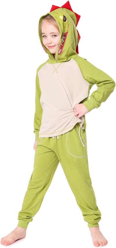 Ladeheid Kinderen Pyjama - met Capuchon - Lange mouwen - Lange broek - Katoen - LA-LA40-236-PJ - Groene Dino - 110-116