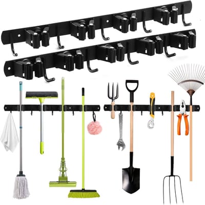 Dailygoods- Wandbezemhouder 2 Stuks - Roestvrij Staal - Zelfklevend - 9 Houders/Haken - Ruimtebesparend - Voor Gereedschapsopslag - Gereedschapsopberger