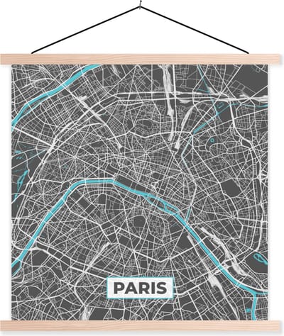 Posterhanger incl. Poster 40x40 cm - Schoolplaat - Parijs - Stadskaart - Frankrijk - Kaart - Plattegrond - Textielposter - Blanke latten - Stadskaart