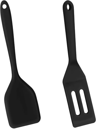 Mini Silicone Spatula - 2pcs Non-Stick Silicone Serving Turner - Kleine Spatulas voor Keuken Koken - Hittebestendige Biscuit Spatula met Sleuven (Zwart)