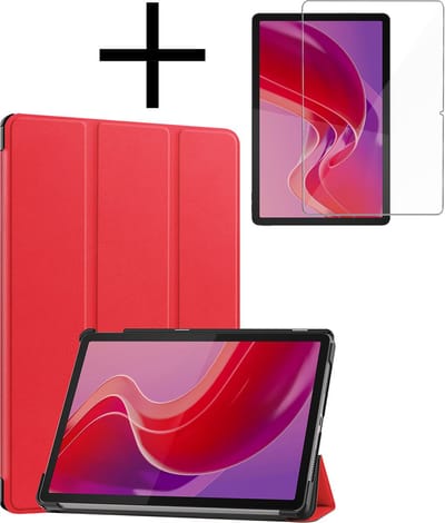 Hoes - Geschikt voor Lenovo Tab M11 (11 inch) - Met Screenprotector - Trifold Bookcase - Hard Cover - Hardcover Book Case - Tablet Hoesje - Rood