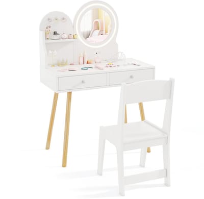 COSTWAY Make-uptafel voor kinderen met verlichting, 2-in-1 kaptafel met spiegel, 2 laden, plank en 3 haken, kaptafel van hout voor meisjes vanaf 3 jaar, wit