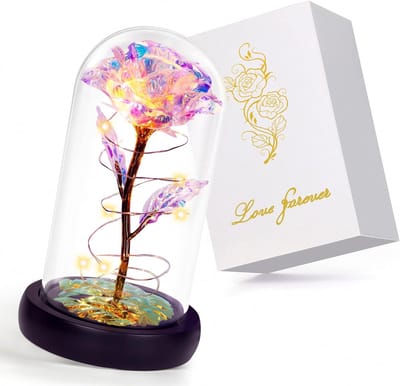 Glazen Roos - Eeuwige Bloem - Cadeau Geven - Met LED Verlichting - 15.5 cm Hoog - Regenboog