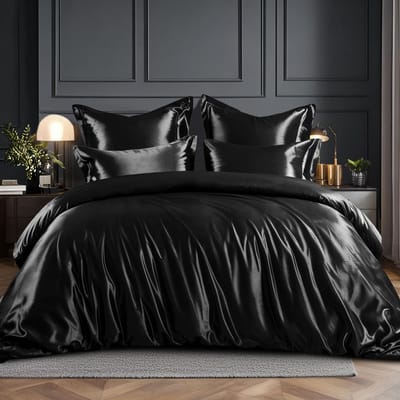 Satijnen beddengoed, 200 x 200 cm, zwart, zijdeachtig luxe dekbedovertrek met zijdeglans voor haar en huid, beddengoed met ritssluiting