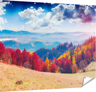 Gards Tuinposter Kleurrijke Herfstbos met Heuvellandschap - 150x120 cm - Tuindoek - Tuindecoratie - Wanddecoratie buiten - Tuinschilderij