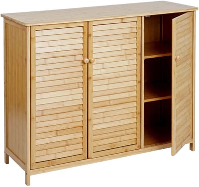 Badkamerkast MCW-B18, badkamerkast, plank, badkamerplank, ladekast, 3 deuren, bamboe, 81x97x34 cm