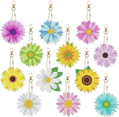 Diamant Kunst Schilderij Sleutelhanger DIY - 12 Stuks Bloem Motief 5D Volledige Boor