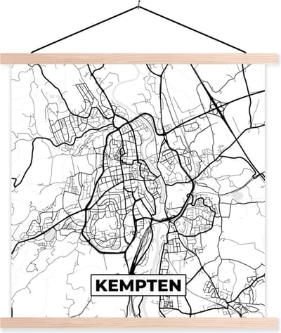 Posterhanger incl. Poster 40x40 cm - Schoolplaat - Plattegrond - Kaart - Stadskaart - Kempten - Textielposter - Blanke latten - Stadskaart