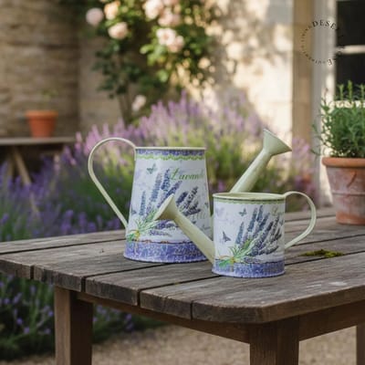 Set van 2 decoratieve vintage gieters lavendel Provence 0.5 L en 1.3 L - Landelijke tuindecoratie romantisch