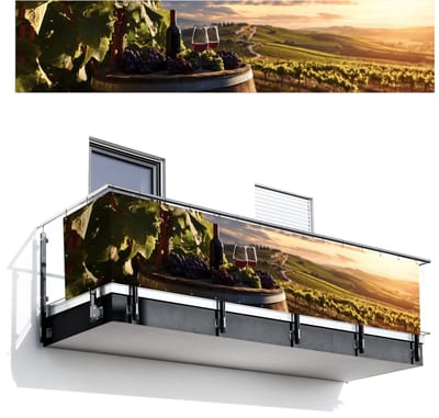 Balkonscherm 500x110 cm - Balkonposter Wijn - Druiven - Heuvels - Landschap - Balkon scherm decoratie - Balkonschermen - Balkondoek zonnescherm