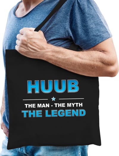 Naam cadeau Tasje voor Huub - The man, The myth the Legend - katoenen - zwart - verjaardag - vaderdag - collega - vriendin