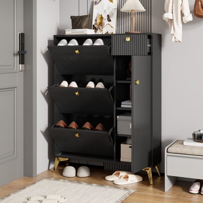 BLACKCOLORS Schoenenkast met 3 kleppen, 1 lade en 1 deur, schoenenrek, smalle schoenenkast, schoenenkast zwart. Afmetingen: H 121 cm / B 90 cm / D 25 cm