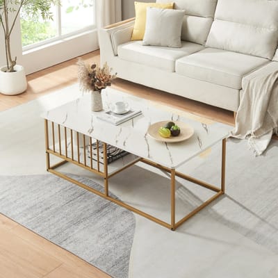 Salontafel Raukurg marmerlook wit en goudkleurig 120x60x44 cm [en.casa]
