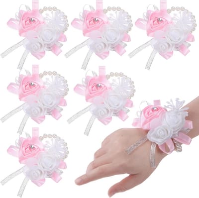 Set van 6 Elastische Parel Pols Corsages voor Bruiloft & Feest - Roze Bloemdecoratie