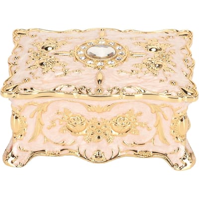 Boîte à bijoux rectangulaire vintage Métal rétro Émail antique Bordure dorée Strass Boîte de rangement pour bibelots beige