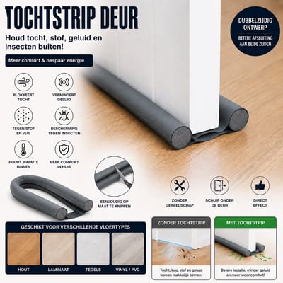 Tochtstrip Deur – Deurafdichting tegen Tocht, Geluid & Stof – Dubbele Tochtstopper voor Binnen Deuren –Grijs