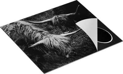 Chefcare Inductie Beschermer Twee Schotse Hooglanders grazen Gras - Zwart Wit - 60x50 cm - Afdekplaat Inductie - Kookplaat Beschermer - Inductie Mat