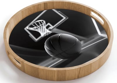 Dienblad rond 40x40 cm - Schootdienblad hout - Basketbal - Basketbalveld - Lichtlijnen - Borrelplank rechthoek - Plateau houten dienbladen