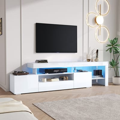 Wishdor Tv-Meubel - Hoogglans Front - 3 Klepdeuren - Led-Verlichting Met App-Bediening - Spaanplaat - Wit - 192 X 37 X 53 Cm