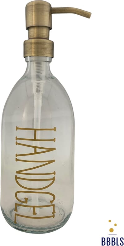 BBBLS® Design Dispenser "Handgel" | Transparant Glas | 500ml | RVS / Metaal Pomp Goud | Zeeppomp | Zeepdispenser | Zeephouder