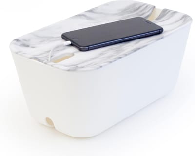 Bosign kabelbox, kabelorganizer, opbergbox stekkerdoos, kabelmanagement, snoeren wegwerken, wit/marmerprint deksel - medium 30x18x13.8 cm