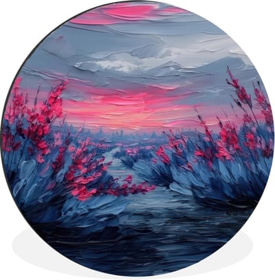 WallCircle - Wandcirkel - Muurcirkel - Schilderij - Zonsondergang - Bloemen - Rivier - Aluminium - Dibond - 30x30 cm - Binnen en Buiten