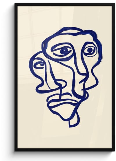 Poster in lijst - Fotolijst 80x120 cm - Posters - Lijntekening - Overlappende gezichten - Donkerblauw - Posterlijst zwart - Decoratie - Wanddecoratie woonkamer - Muurdecoratie slaapkamer