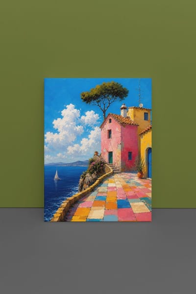 Canvas Schilderij Kleurrijke Kuststraat – Luxe Wanddecoratie Zeezicht 100x75 cm