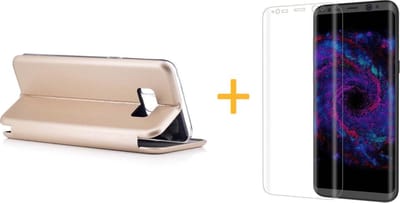 Hoesje geschikt voor Samsung Galaxy S8 - Kunstlederen Wallet Case Goud + Screenprotector Transparant (3D) - Portemonnee Hoesje met Magneet sluiting - Book Case - Flip Cover - Klap - 360 beschermend Telefoonhoesje (Gold)
