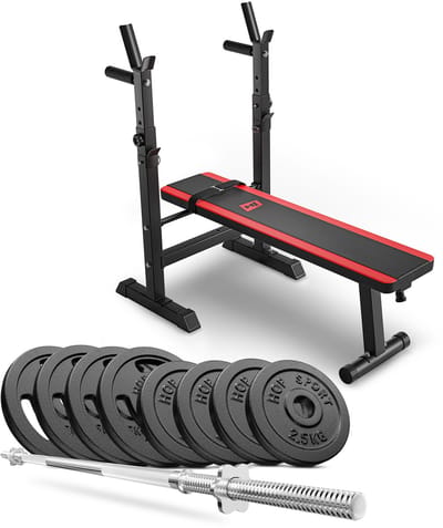 Hop-Sport HS-1080 – Halterbank Set – Gietijzeren Halterset 39 kg – Opvouwbaar – Krachttraining Thuis
