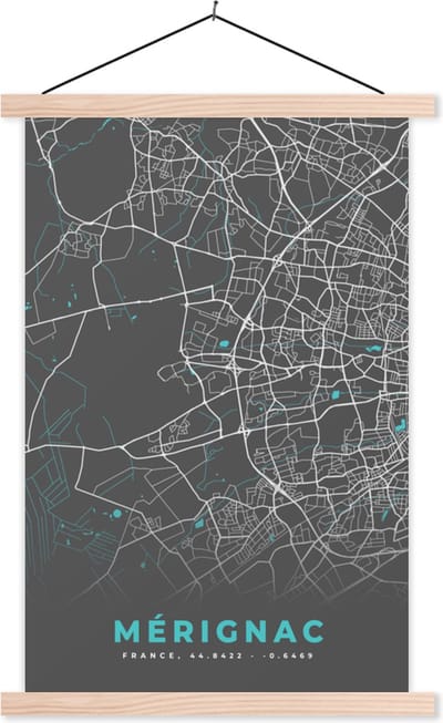 Posterhanger incl. Poster 40x60 cm - Schoolplaat - Mérignac – Plattegrond – Frankrijk – Kaart – Stadskaart - Textielposter - Blanke latten - Stadskaart