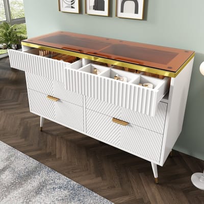 Wishdor Dressoir Met 6 Lades - Indeling Met Uitneembare Tussenschotten - Push-To-Open Bovenlades - Metaal En Glas - Wit - 120 x 40 x 76 cm