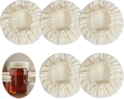 5-delige herbruikbare stoffen dekselset voor zuurdesem, geschikt voor glazen met opening van 7,5 tot 10 cm, ideaal voor voedselbewaring en versheid.