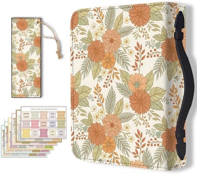 Stijlvolle Bijbelomslag met Bloemenprint en Bookmark, PU Leren Tas voor Volwassenen en Studenten met Handvat en Rits (Oranje)