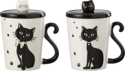 J-Line mok + deksel + lepel Print Kat - porselein - wit/zwart - 2 stuks - giftbox