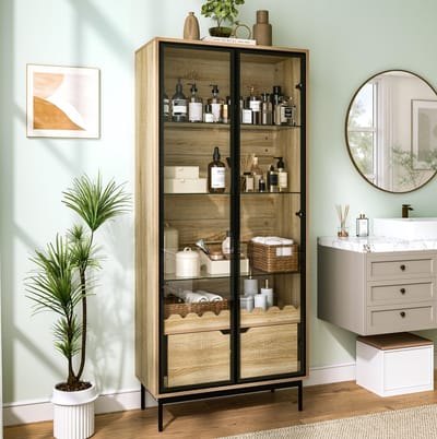 STILVORA Vitrinekast - Glazen Deuren Met Verstelbare Planken En Lade - Modern Voor Woonkamer, Slaapkamer En Hal - MDF - Zwart En Naturel - 75x35x170,8 Cm