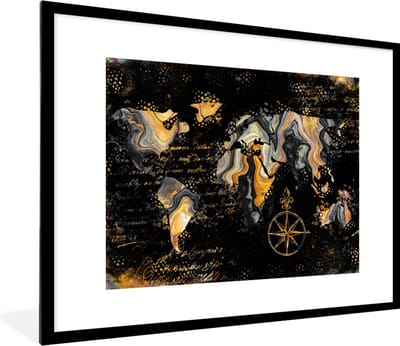 Poster in lijst - Fotolijst 80x60 cm - Posters - Wereldkaart - Marmer - Verf - Kalligrafie - Posterlijst zwart - Decoratie - Wanddecoratie woonkamer - Muurdecoratie slaapkamer