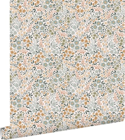 ESTAhome behang bloemetjes grijsblauw, terracotta roze en groen - 53 cm x 10.05 m - 139837