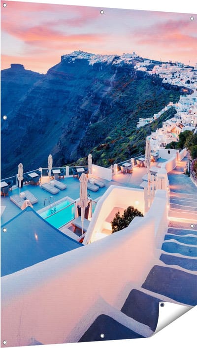Gards Tuinposter Luxe Huisjes aan de Kust in Fira, Griekenland - 100x150 cm - Tuindoek - Tuindecoratie - Wanddecoratie buiten - Tuinschilderij