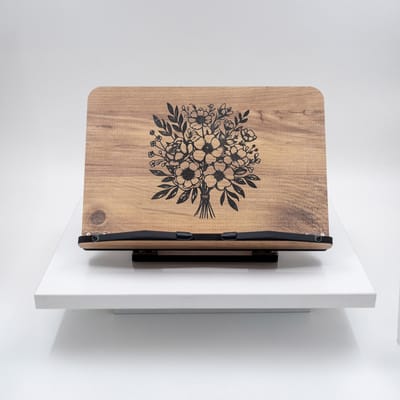 Zeo Wood® Boekenstandaard Hout – Boekenhouder – Kookboekstandaard – Tablet Standaard – Verstelbaar – Bloem Design – 30x20 cm
