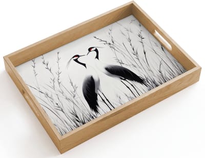 Dienblad hout 40x30 cm - Schootdienblad - Kraanvogels - Gras - Hartvorm - Zwart - Borrelplank rechthoek - Plateau dienbladen