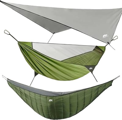 Outdoor Hangmat - Kampeerhangmat - Kamperen en Reizen - Inclusief Muggennet Regenfly - 241x139 cm - Groen